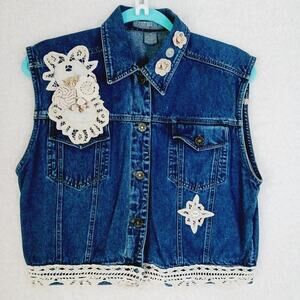 Vest Button-Up Lace Applique Ribbon Denim Women Upper West Side Pocket Size M